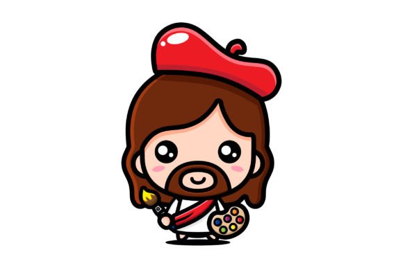 Cute Jesus Christ Holding Art Brush Illustrations
