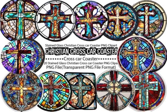 Stained Glass Christian Cross Car Coaste and Print Templates